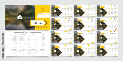 2025 calendar planner templates with monthly pages, a customizable cover for a photo and company logo, and a vector layout for wall or desk use. Weeks start on Monday, ready for print.