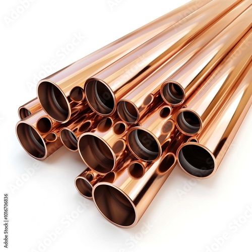 Metallic pipes and tubes in copper tones isolated on white background