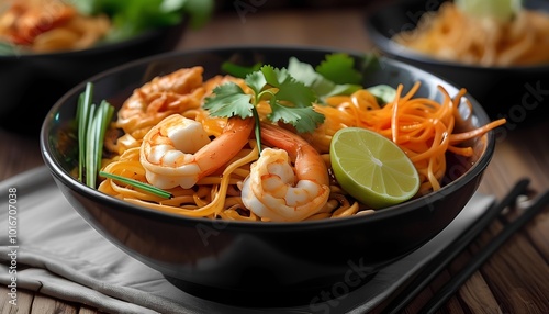 Close-up of a bowl of Pad Thai with shrimp, lime, and cilantro