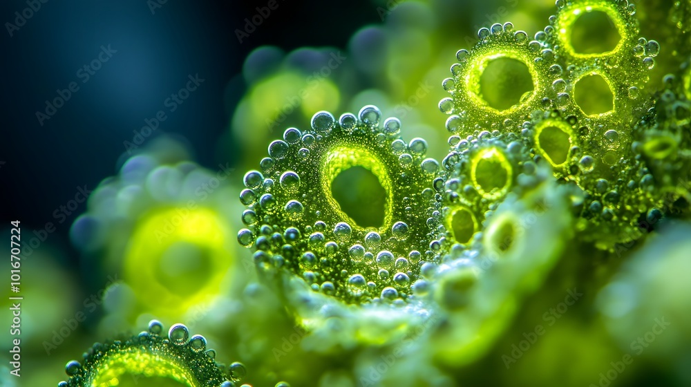 Close-up of algae colonies under a biological microscope, with intricate patterns and glowing greens.