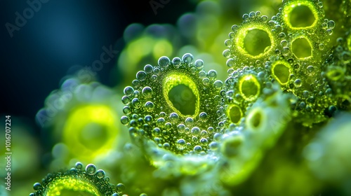Obraz na płótnie Close-up of algae colonies under a biological microscope, with intricate patterns and glowing greens. w salonie