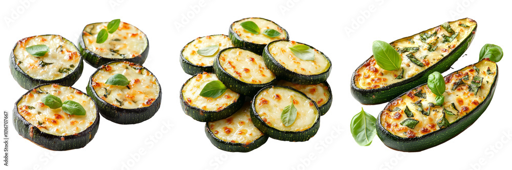 Grilled zucchini slices and stuffed zucchini with cheese isolated on transparent background food PNG for vegan diet or healthy recipe cards Grilled zucchini slices and stuffed zucchini with cheese isolated on transparent background food PNG for vegan diet or healthy recipe cards