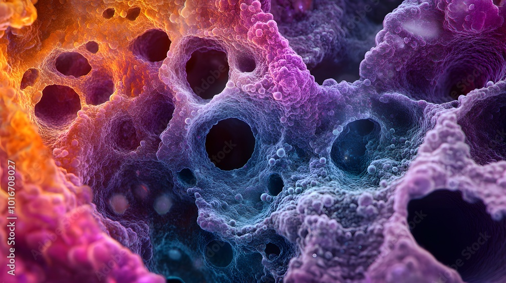 Detailed close-up of epithelial cells under a biological microscope, with vibrant colors and finely textured surfaces. Detailed close-up of epithelial cells under a biological microscope, with vibrant colors and finely textured surfaces.