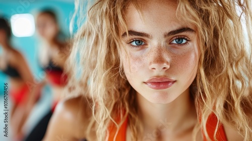 A portrait of a woman with intense focus in a dynamic fitness setting. Her expression reflects strength and concentration, surrounded by vibrant energy. photo