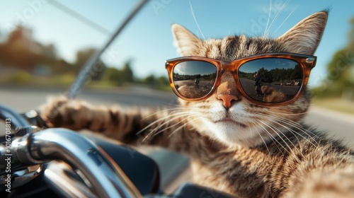 A humorous image of a cat wearing sunglasses, appearing to drive with a sense of joy and freedom, capturing a sunny day and carefree spirit perfectly. photo