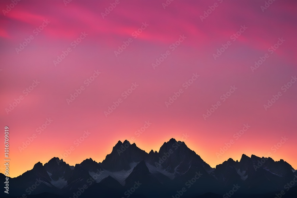A jagged mountain range in silhouette under a vibrant pink and yellow sunset, Ai Generated A jagged mountain range in silhouette under a vibrant pink and yellow sunset, Ai Generated