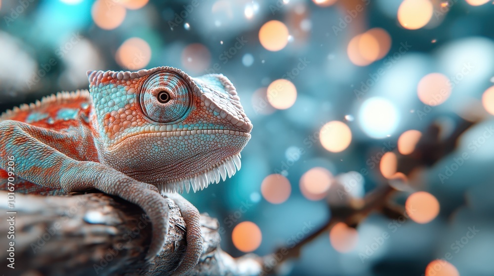 This image depicts a chameleon perched on a branch with an intricate, colorful design against a creative bokeh background, emphasizing the wonder of animal adaptation. This image depicts a chameleon perched on a branch with an intricate, colorful design against a creative bokeh background, emphasizing the wonder of animal adaptation.