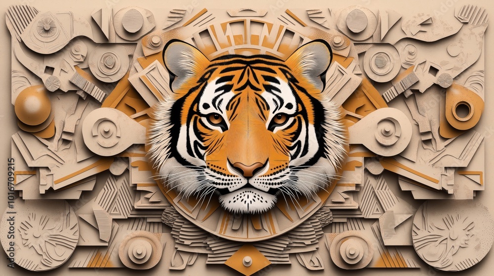 Intricate illustration of a tiger head surrounded by abstract geometric shapes in beige and orange hues, blending natural and modern artistic elements. Intricate illustration of a tiger head surrounded by abstract geometric shapes in beige and orange hues, blending natural and modern artistic elements.