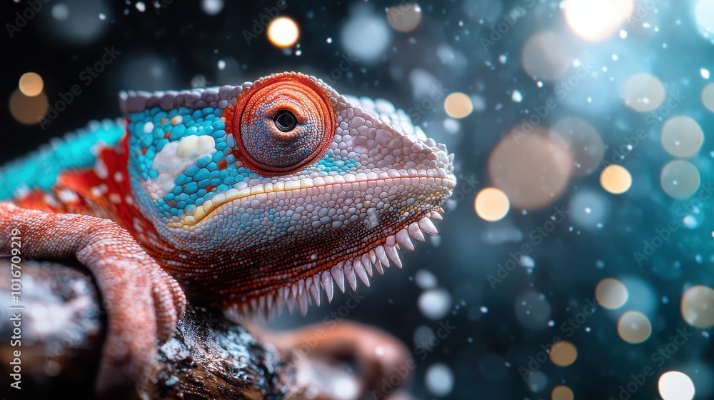 A close-up image of a chameleon with intensely colorful scales, displaying its natural habitat on a branch, with a beautifully blurred background capturing the essence of wildlife. A close-up image of a chameleon with intensely colorful scales, displaying its natural habitat on a branch, with a beautifully blurred background capturing the essence of wildlife.
