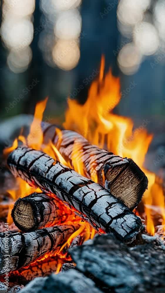 A close-up of a campfire with burning logs and vibrant flames in a natural setting. A close-up of a campfire with burning logs and vibrant flames in a natural setting.