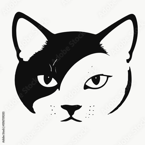 A close-up portrait of a black and white cat with piercing eyes 