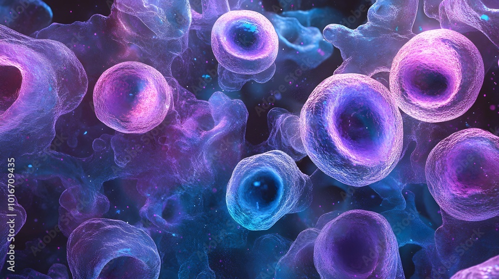 A detailed view of stem cells under a biological microscope, illuminated in bright purples and blues.