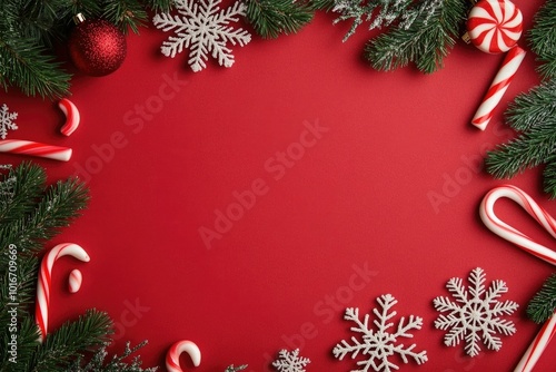 Wallpaper Mural Vibrant Christmas wallpaper design featuring scattered snowflakes and candy canes along the borders in festive red and green tones Torontodigital.ca