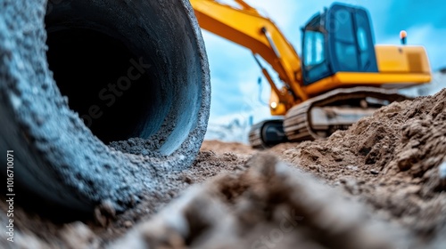 A vibrant construction scene showcasing a yellow excavator amidst dirt and machinery, highlighting the grit and determination of industrial progress in modern times.