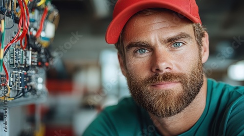 A focused male technician in a red cap examines electronic circuits in a workshop setting, highlighting the intricacies and components within the intricate setup.