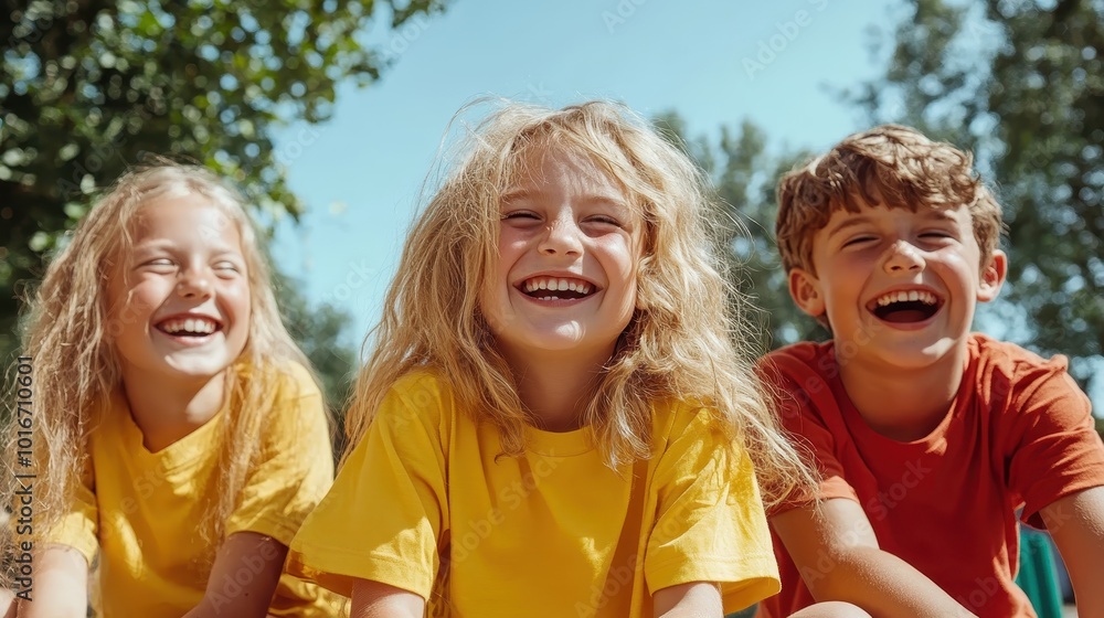 Fototapeta premium Three joyful children in colorful clothes laughing together outside on a sunny day, capturing the essence of friendship, joy, and the carefree spirit of childhood.