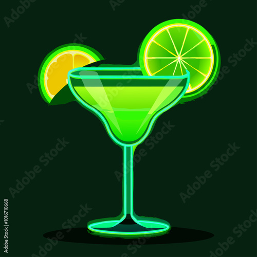 Un cóctel verde brillante con rodajas de lima, presentado en un estilo neón sobre un fondo oscuro. El diseño vibrante evoca un ambiente festivo y tropical.

