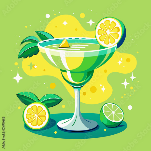 Un cóctel verde servido en una copa decorada con rodajas de lima y hojas verdes, presentado sobre un fondo amarillo brillante. El estilo vibrante y fresco resalta la sensación de verano.


