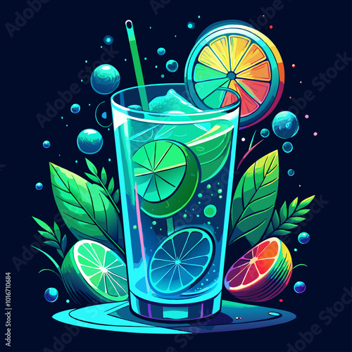 Un vaso con bebida refrescante decorado con rodajas de lima, rodeado de hojas verdes y burbujas, en un estilo colorido y vibrante. La escena tiene un fondo oscuro que resalta los tonos brillantes de l
