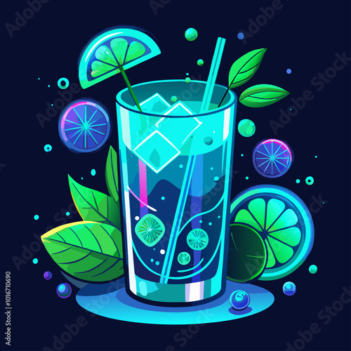Un vaso con cubitos de hielo y una rodaja de lima adornan este cóctel refrescante, rodeado de hojas verdes y burbujas. El fondo oscuro resalta los colores frescos y vibrantes del vaso y los ingredient