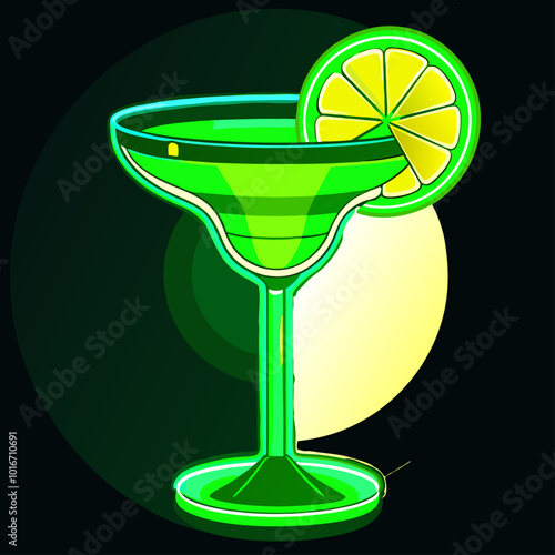 Un vaso de cóctel verde con una rodaja de lima en el borde, en un estilo minimalista y brillante. El fondo oscuro resalta el color vibrante de la bebida.

