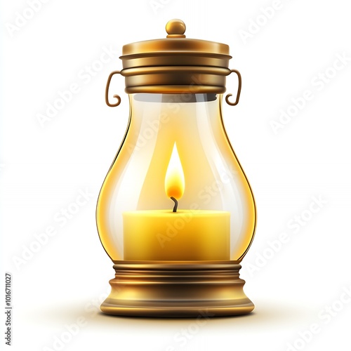 A lit candle in a gold lantern.