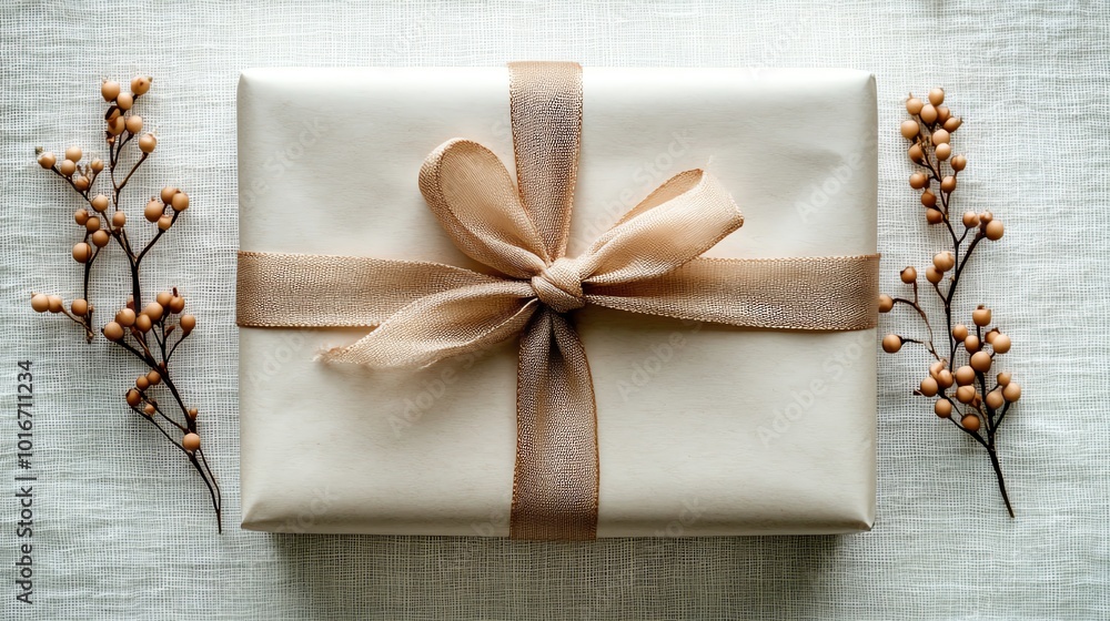 Fototapeta premium Gift box with gold ribbon and sprigs.