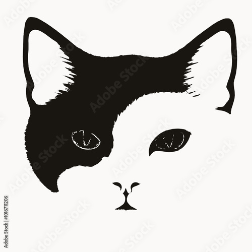 A close-up portrait of a black and white cat with piercing eyes 