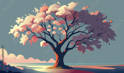 Minimalist vector illustration featuring a blooming sakura tree by the water with a sunset in the background. Asian background with cherry blossom tree in silhouette.
