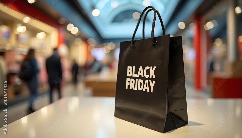 Black Friday shopping bag on a store counter display. Black Friday shopping bag on a store counter display.