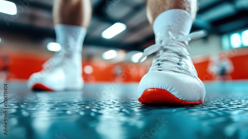 Close-up image of a boxer's footwork in white and red boxing shoes, highlighting their agility and precision on a textured gym floor, ready for action.