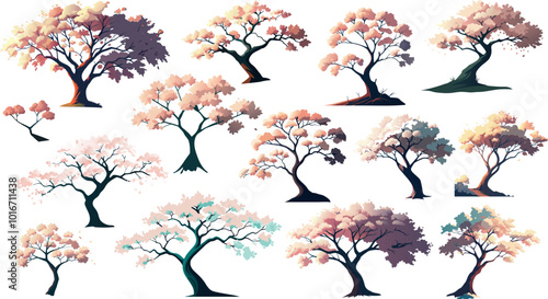 Variety of stylized illustrations featuring blooming sakura trees, showcasing the beauty and elegance of these iconic asian trees. Asian set with cherry blossom tree in silhouette.