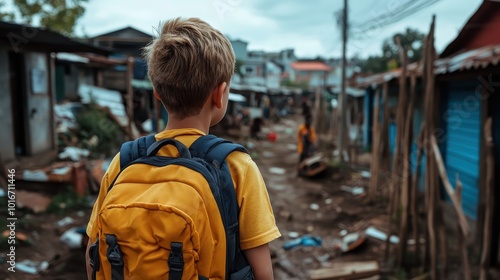 A young boy with a yellow backpack looks forward into a busy village street, capturing a moment of curiosity and wonder amidst a rustic urban setting.