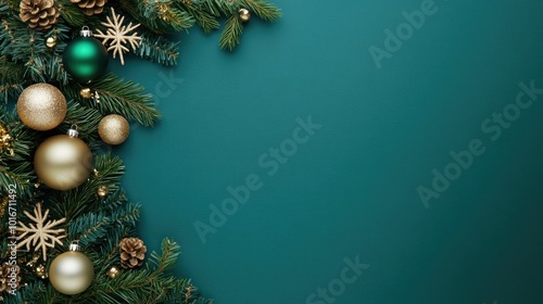 Festive Christmas trees adorned with shimmering golden baubles and other holiday framing a blank central area on a vibrant green and gold wallpaper or background  The image evokes a cozy celebratory