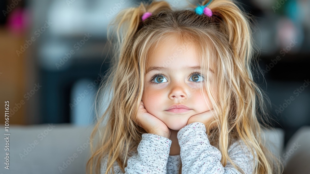 A cheerful young girl with blonde hair in pigtails and a playful expression gazes upward, capturing a moment of curiosity and childhood wonder in a lively setting. A cheerful young girl with blonde hair in pigtails and a playful expression gazes upward, capturing a moment of curiosity and childhood wonder in a lively setting.