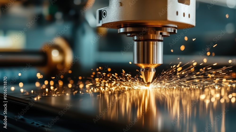 In an industrial environment, a precision machine is cutting materials, generating an array of flying sparks, exemplifying modern efficiency and technological prowess. In an industrial environment, a precision machine is cutting materials, generating an array of flying sparks, exemplifying modern efficiency and technological prowess.