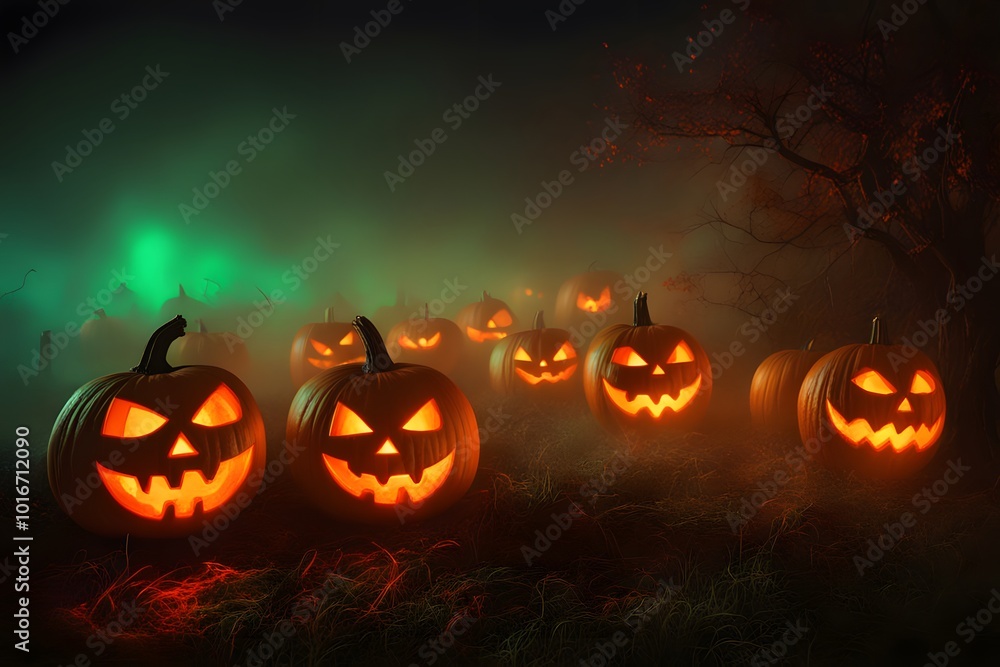 A spooky halloween night with glowing pumpkins vibrant orange fog and eerie neon green, Ai Generated A spooky halloween night with glowing pumpkins vibrant orange fog and eerie neon green, Ai Generated