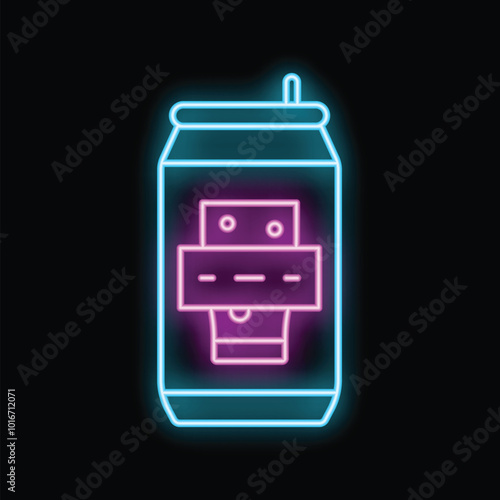 Glowing neon line beer can with drinking straw icon isolated on black background vector illustration