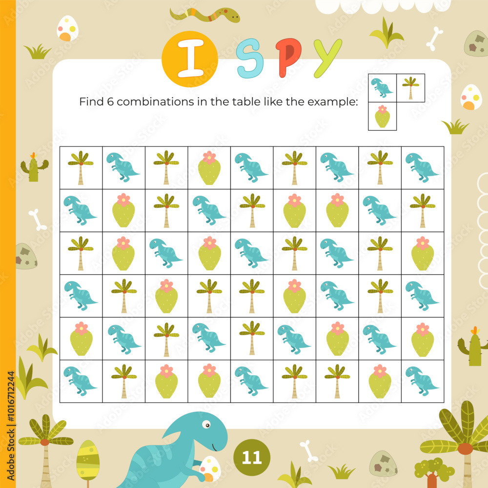 Dino activities for kids. I spy game. Find the combination with cute Dinosaurs in table. Logic games for children. Vector illustration. Game to boost attention and focus. Page for activity book. Dino activities for kids. I spy game. Find the combination with cute Dinosaurs in table. Logic games for children. Vector illustration. Game to boost attention and focus. Page for activity book.