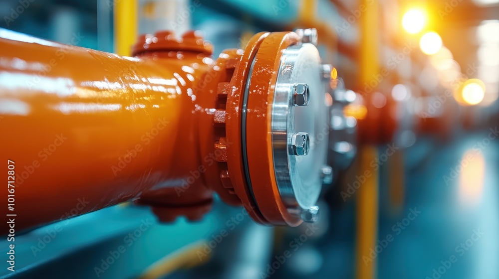 Close-up of a bright orange industrial pipeline with a polished metal flange, highlighting engineering precision and robust industrial aesthetics. Close-up of a bright orange industrial pipeline with a polished metal flange, highlighting engineering precision and robust industrial aesthetics.