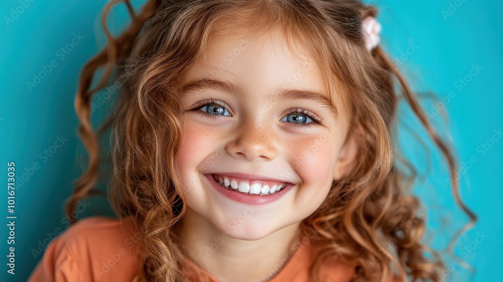 A young girl with curly brown hair and bright blue eyes is smiling broadly against a vibrant cyan background, radiating joy and innocence with her cheerful demeanor. A young girl with curly brown hair and bright blue eyes is smiling broadly against a vibrant cyan background, radiating joy and innocence with her cheerful demeanor.