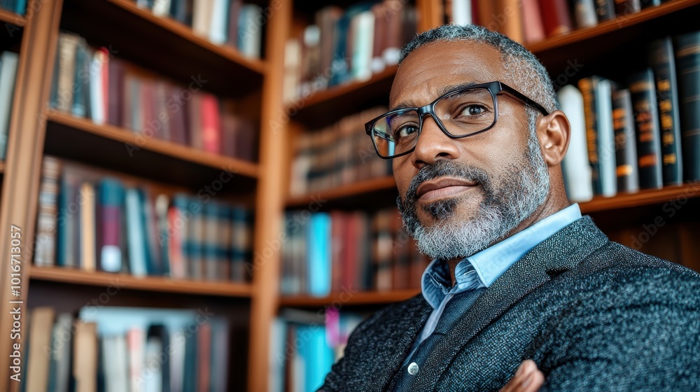 A confident man stands with crossed arms, wearing glasses and a suit, set against a background of bookshelves in a library, embodying knowledge and authority. A confident man stands with crossed arms, wearing glasses and a suit, set against a background of bookshelves in a library, embodying knowledge and authority.
