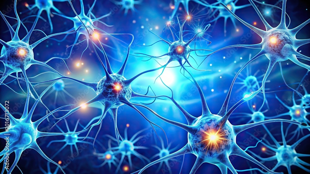 abstract blue background with neural cells and signals abstract blue background with neural cells and signals