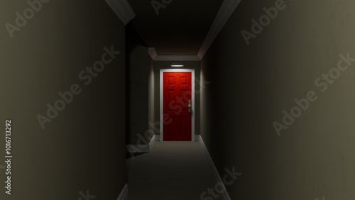 Dark Red Door Illuminate by Spotlight from Above with a Dimmed Backlight
