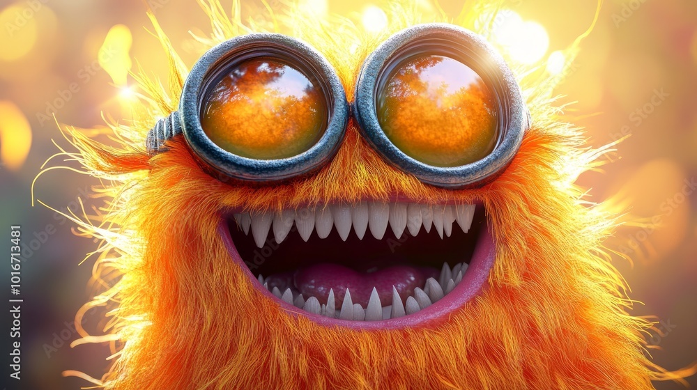 Obraz premium A close-up of a bright orange furry creature with a big smile wearing goggles. The background is blurred and bokeh.