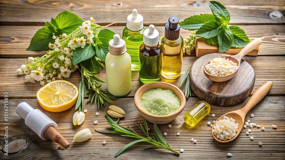 Close-Up of Natural Skincare Products with Botanical Ingredients on a Wooden Surface
Close-Up of Natural Skincare Products with Botanical Ingredients on a Wooden Surface