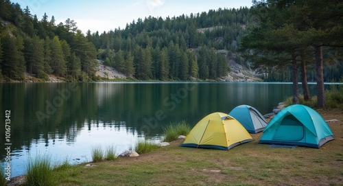 Camping by a lake with tents and pine trees background