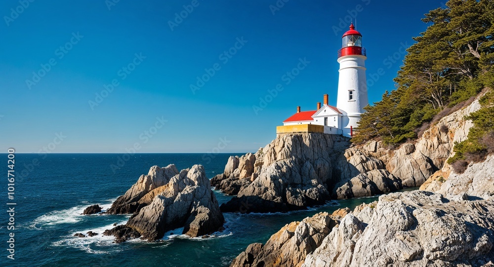 Coastal lighthouse with rocky cliffs and bright blue sky Coastal lighthouse with rocky cliffs and bright blue sky