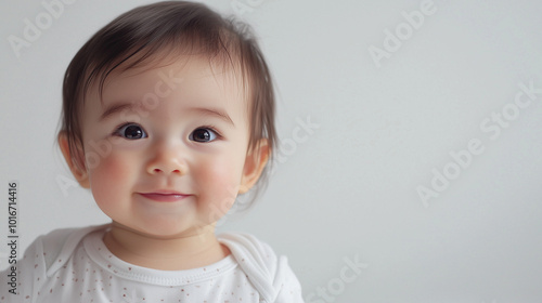 a portrait of a happy Asian baby girl with a white background, right copy space