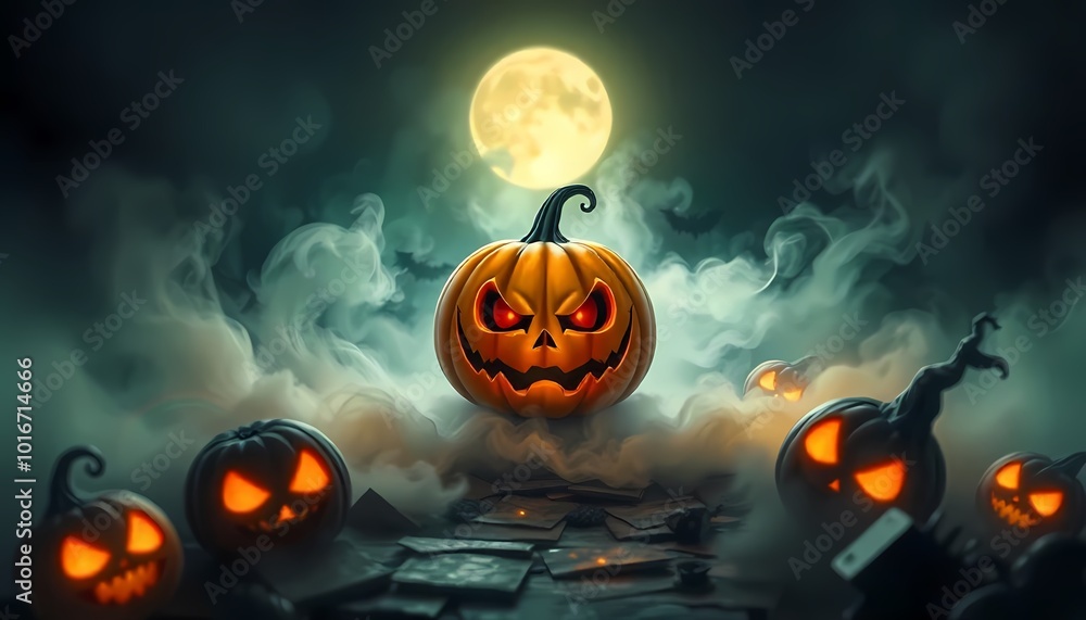 Fototapeta premium A menacing jack-o-lantern glows ominously in the moonlight, surrounded by other pumpkins and fog